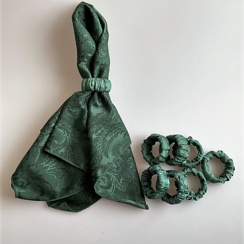 VTG WC Design Forest Green Damask Cloth Napkins & Ring Set - 16 Pcs - Picture 10 of 11